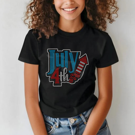 4TH of July Firecracker Youth Spangle T-shirt – patriotic kids' shirt with sparkling spangle firecracker design, perfect for 4th of July celebrations, parades, and fireworks.