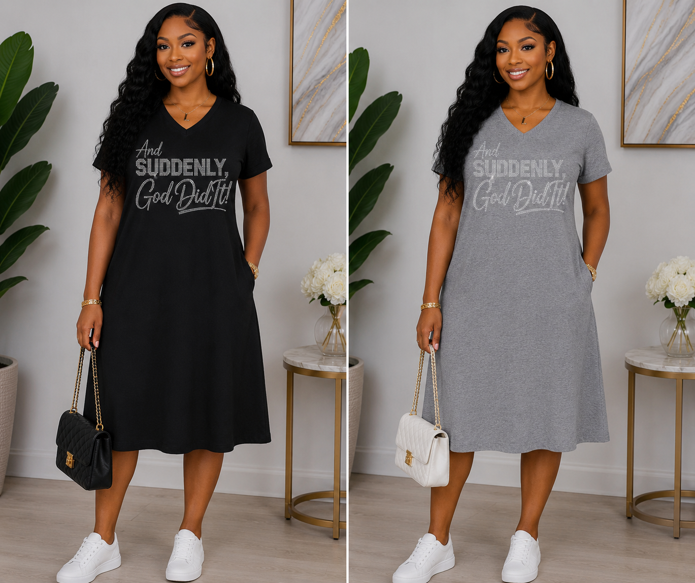 A side-by-side comparison of a woman modeling a short-sleeve V-neck dress in two colors: black and heather gray. Both dresses feature the text 'And SUDDENLY, God Didn't!' printed on the chest.