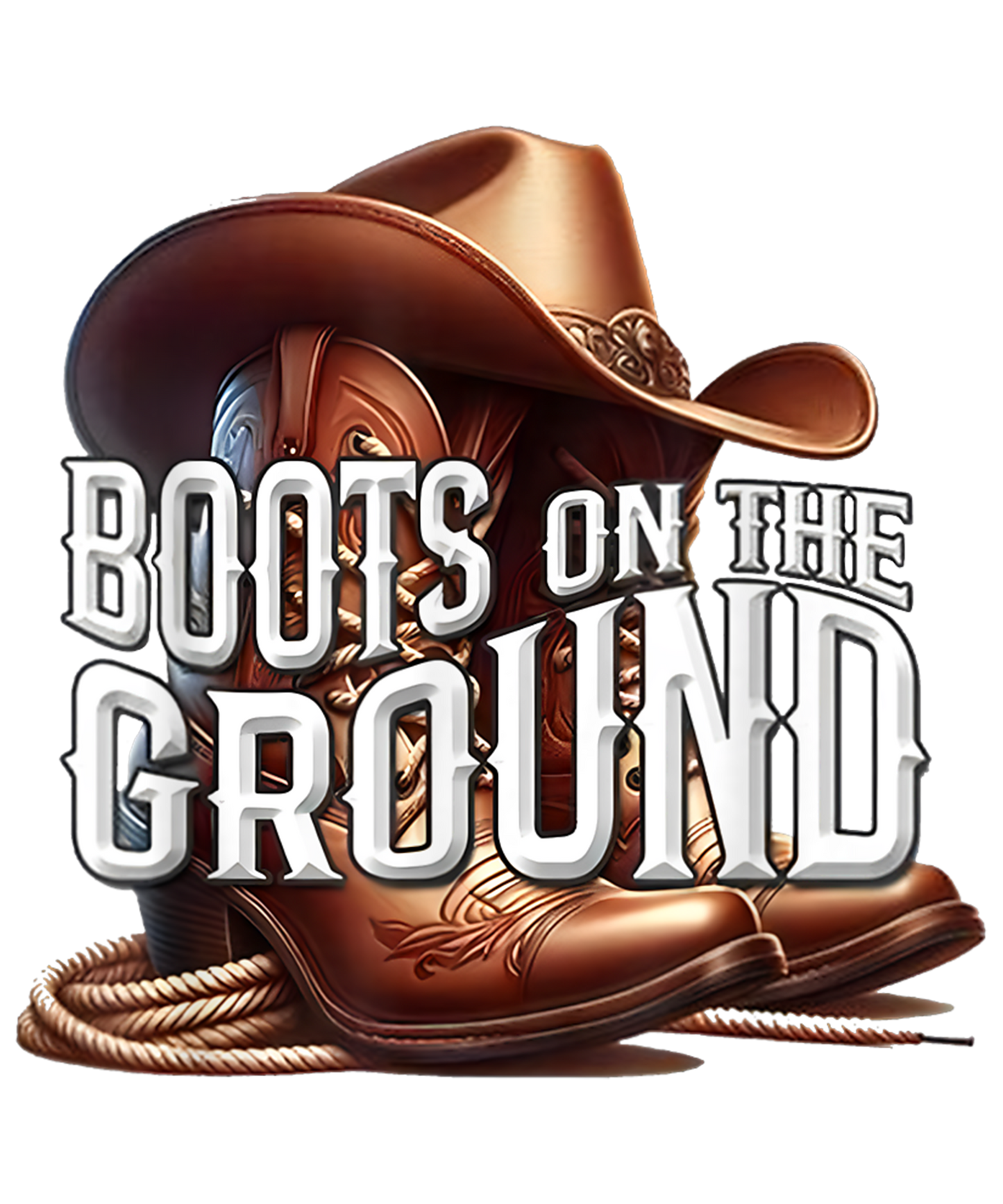 Fringe and sheriff star-inspired “Boots On The Ground” graphic tee with brown boots, cowboy hat, and Western flair.