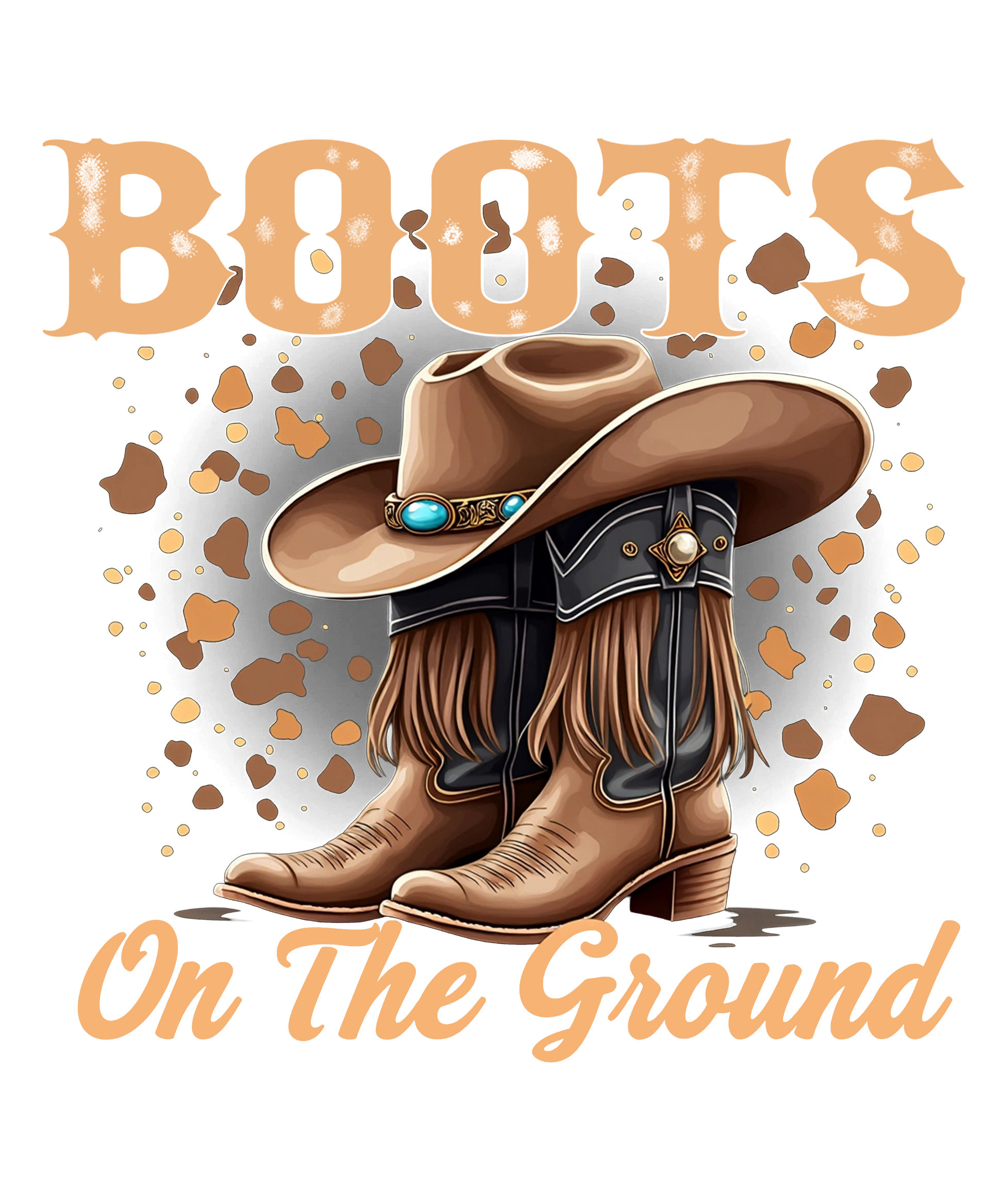 Brown Cowgirl Western “Boots On The Ground” graphic tee design with cowgirls' boots and hat with a rustic country fashion shirt.