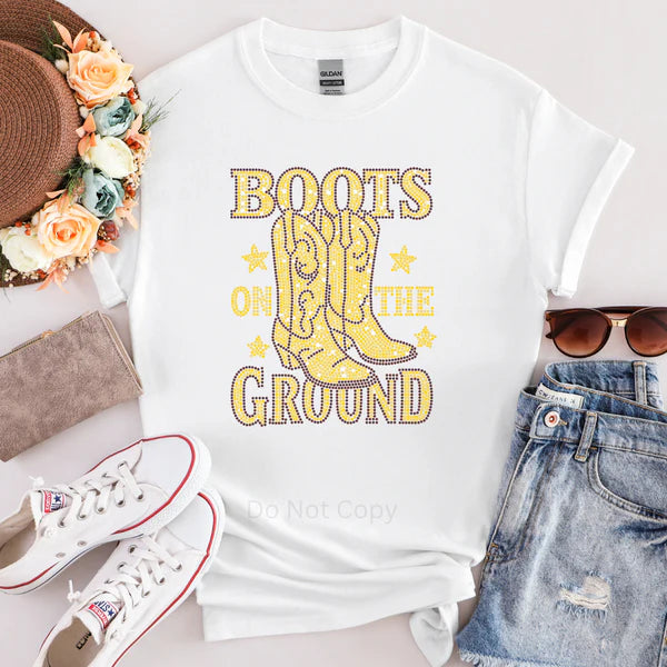 BOTG Rhinestone Gold T-Shirt with Western Boots On The Ground design in gold rhinestones – country concert and rodeo glam tee by LDC Designz.