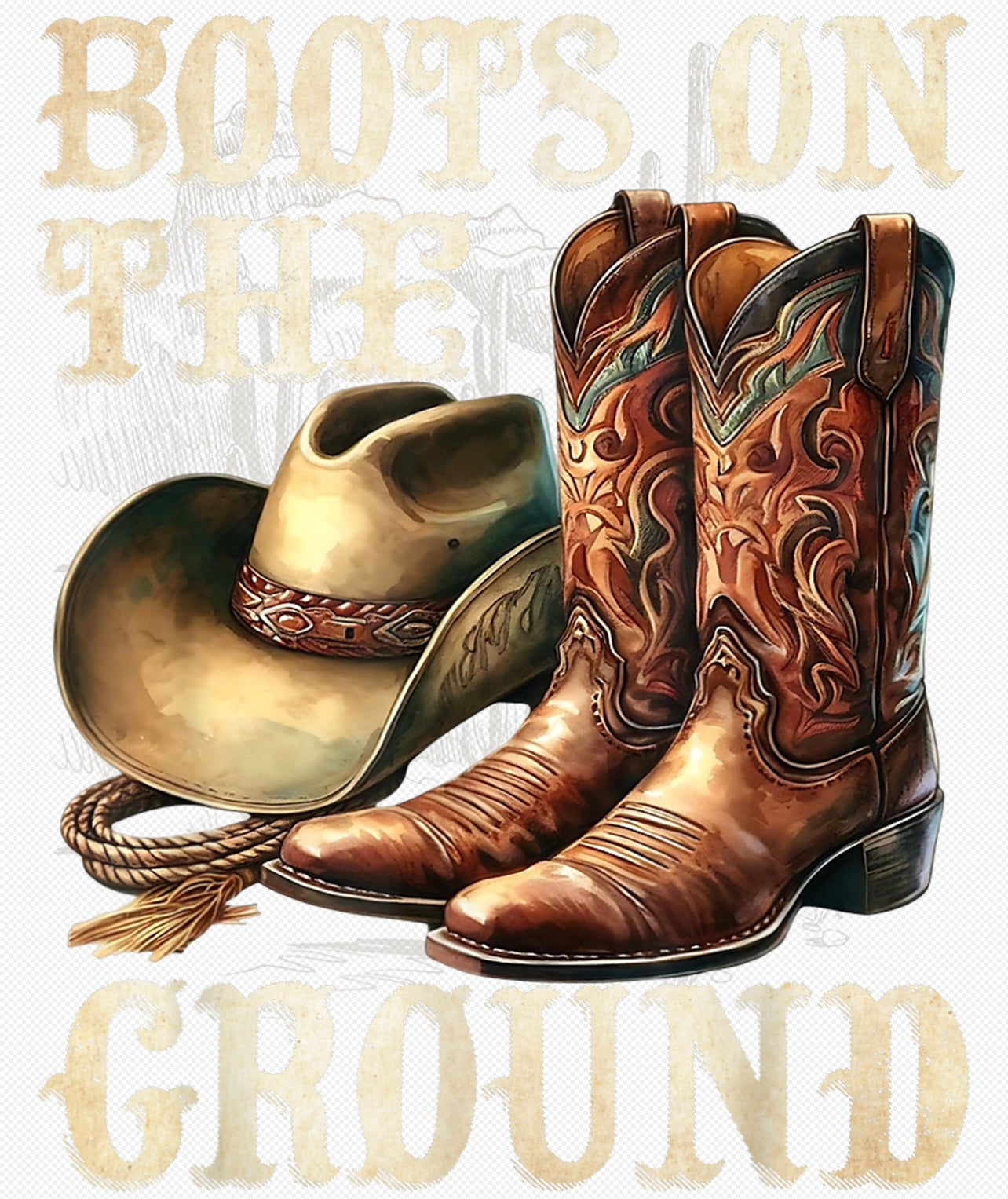 Brown Western “Boots On The Ground” graphic tee design with cowboy boots, hat, and rope - rustic country fashion shirt.