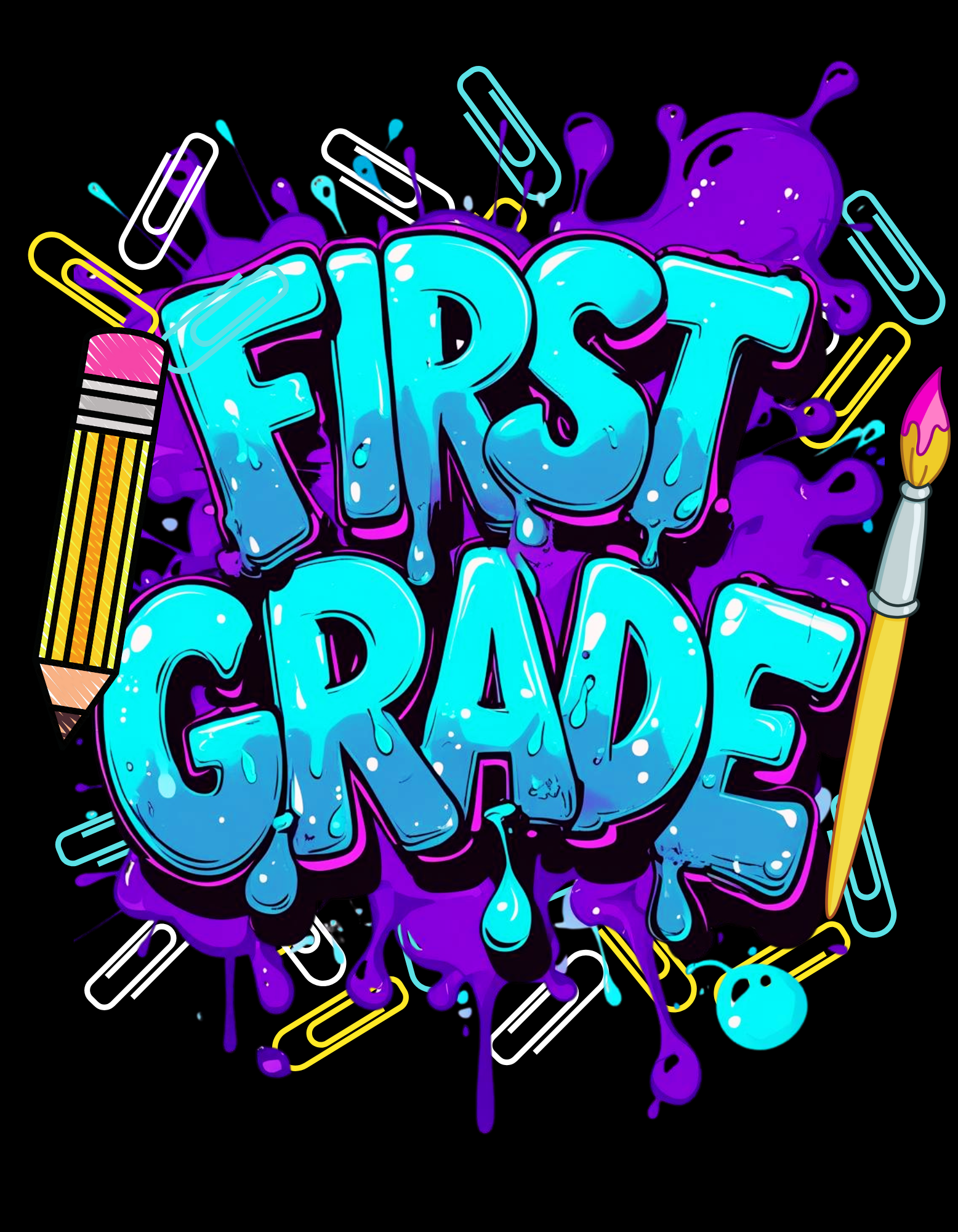 Back to School Graphic T-Shirt with colorful classroom-themed splash art and grade levels from Pre-K to 5th Grade – perfect for first day of school outfits.