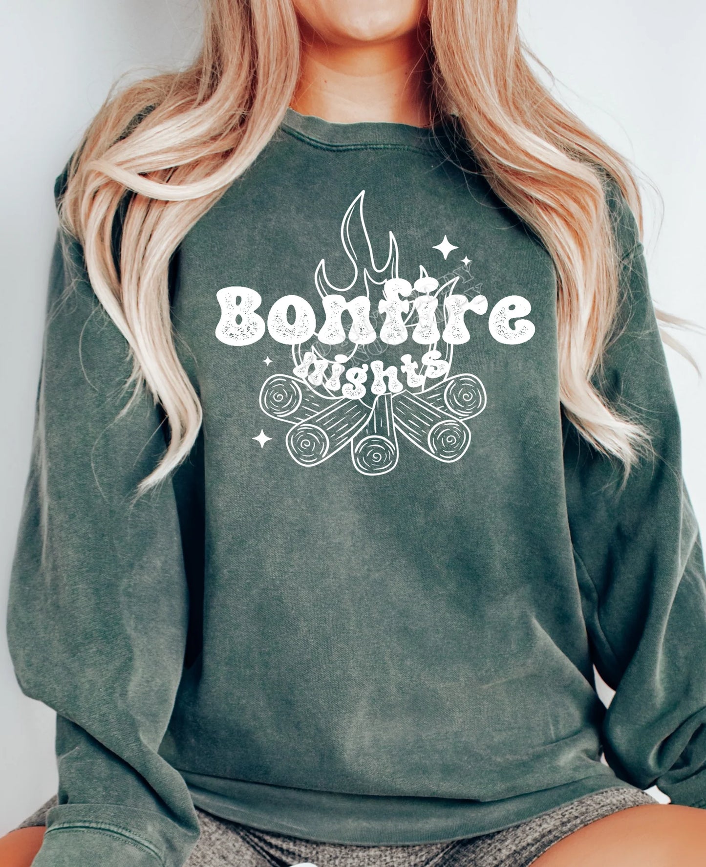 “Bonfire Nights Sweatshirt – cozy fall graphic sweatshirt for chilly autumn evenings, perfect for camping, bonfires, and cool-weather outfits.”