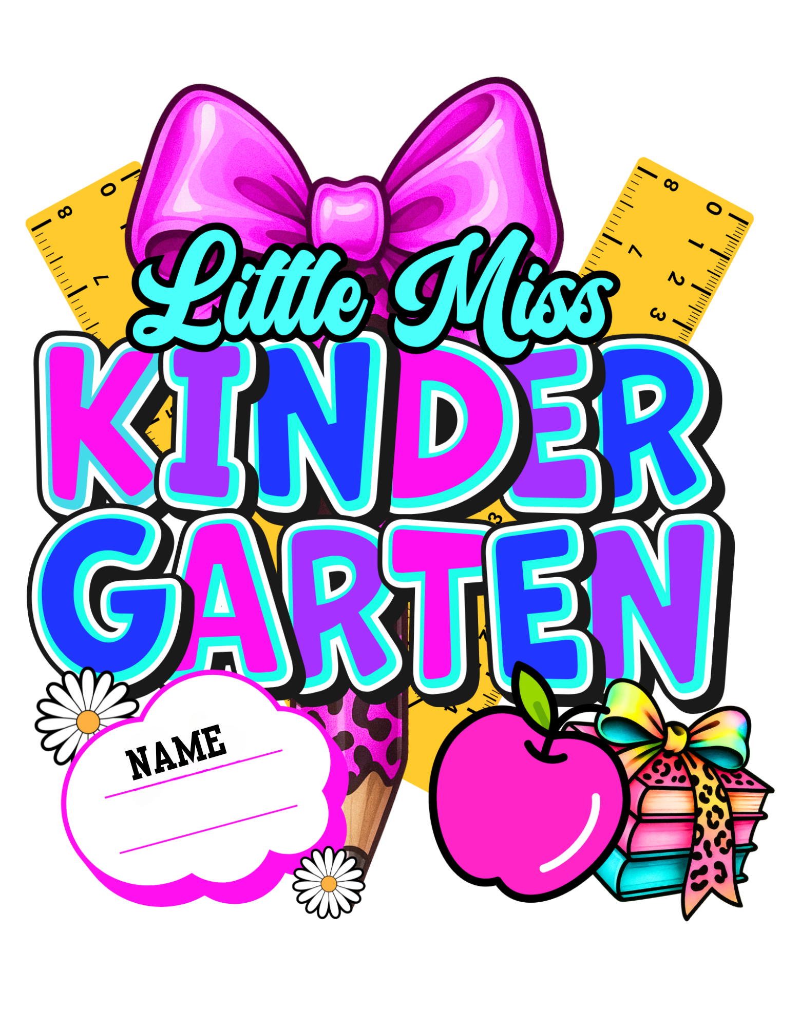 Bright and colorful back-to-school custom graphic t-shirt with name personalization, featuring school-themed elements like pencils, ice cream, bows, and animal print – perfect for kindergarten and elementary students.