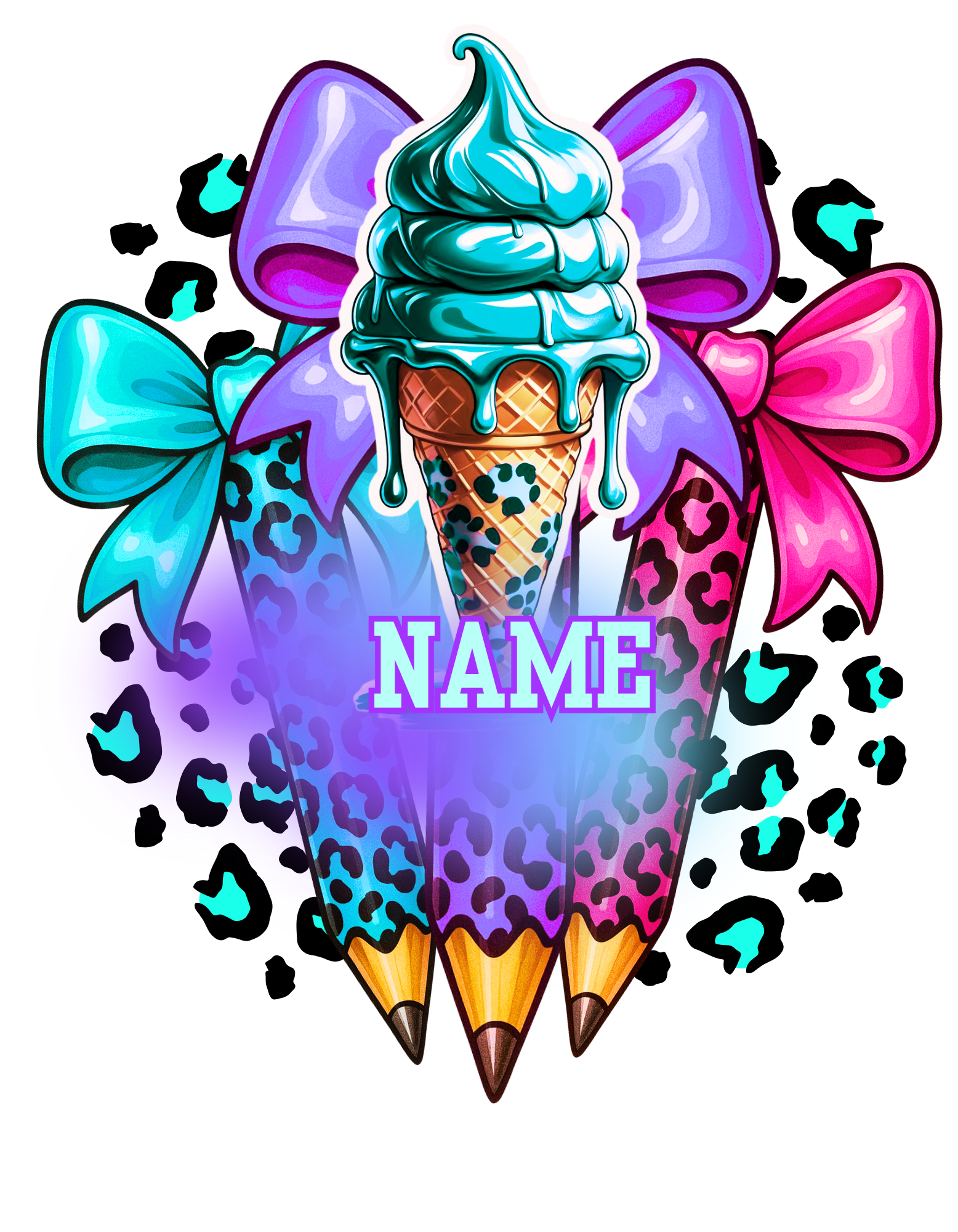 Bright and colorful back-to-school custom graphic t-shirt with name personalization, featuring school-themed elements like pencils, ice cream, bows, and animal print – perfect for kindergarten and elementary students.