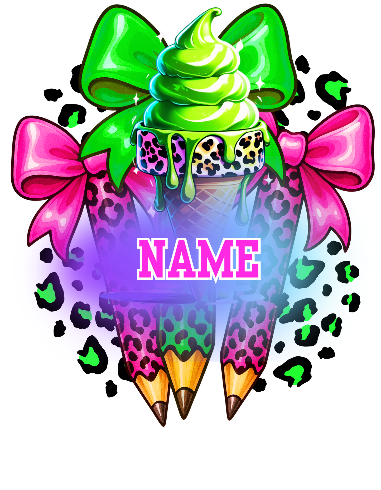 Bright and colorful back-to-school custom graphic t-shirt with name personalization, featuring school-themed elements like pencils, ice cream, bows, and animal print – perfect for kindergarten and elementary students.