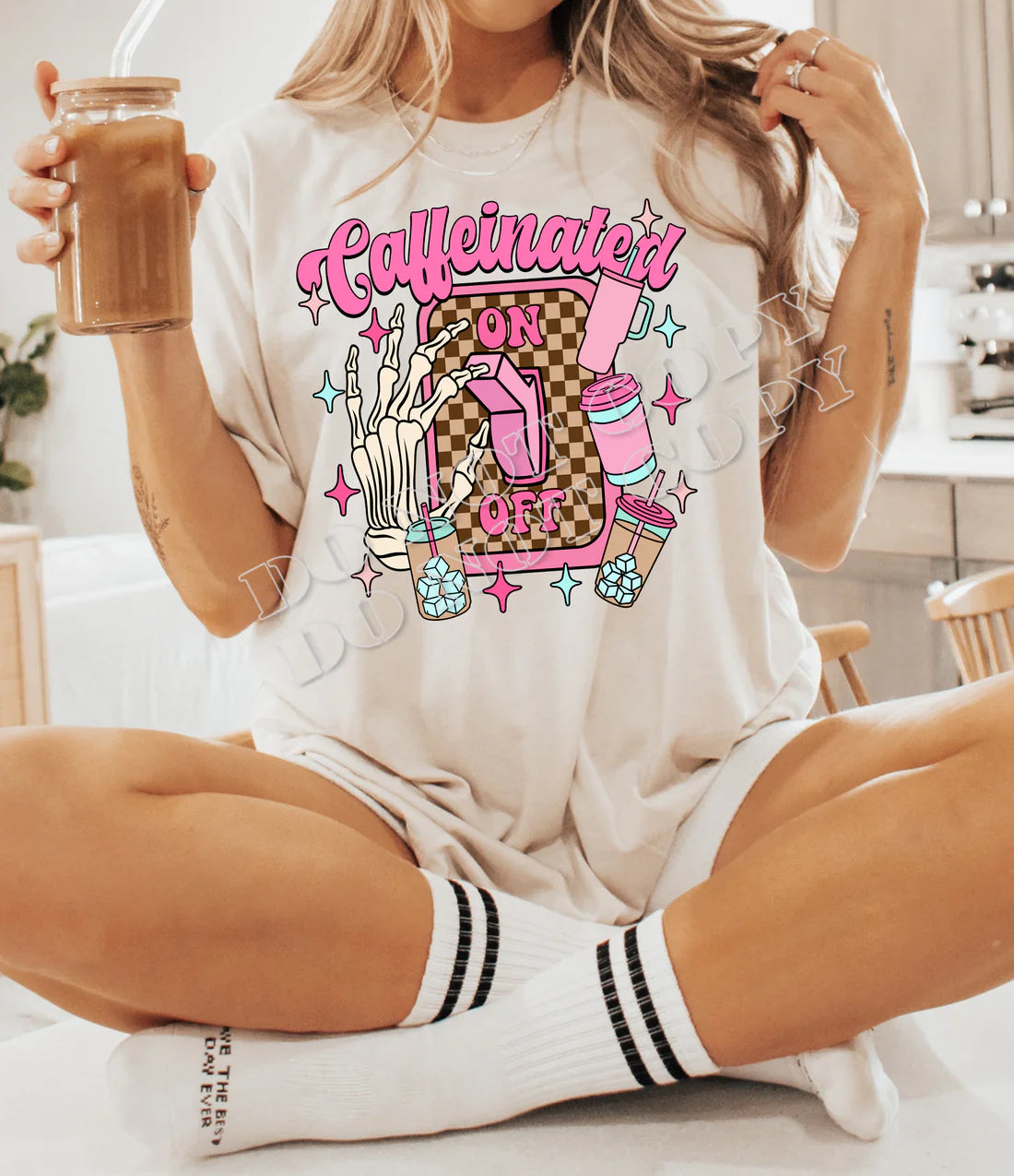Caffeinated On Off t-shirt, funny coffee lover graphic tee, caffeine mode shirt, trendy casual unisex coffee shirt from LDC Designz.