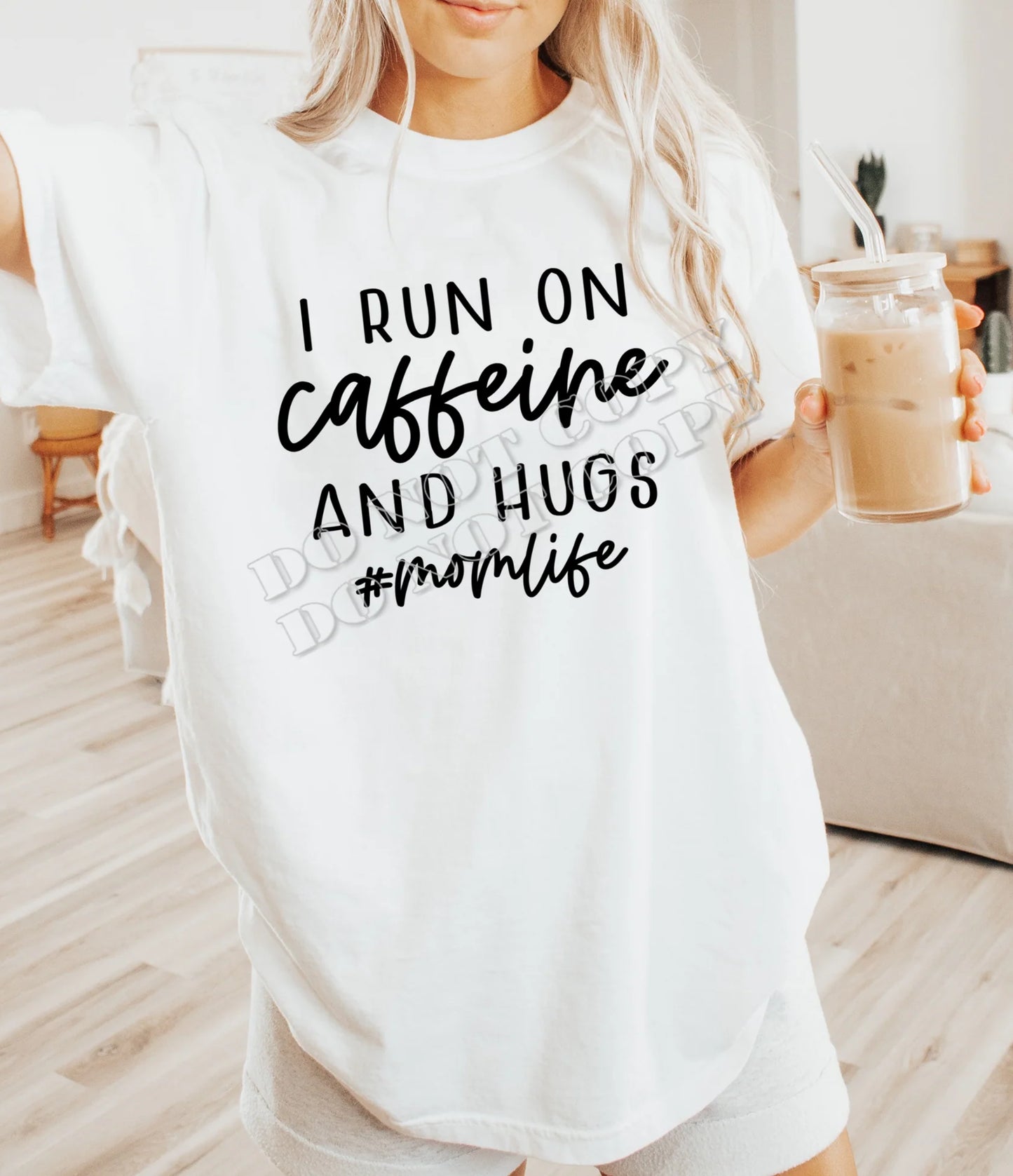 Caffeine and Hugs #momlife T-shirt – funny coffee-loving mom life graphic tee in soft cotton, perfect for busy moms and casual outfits.