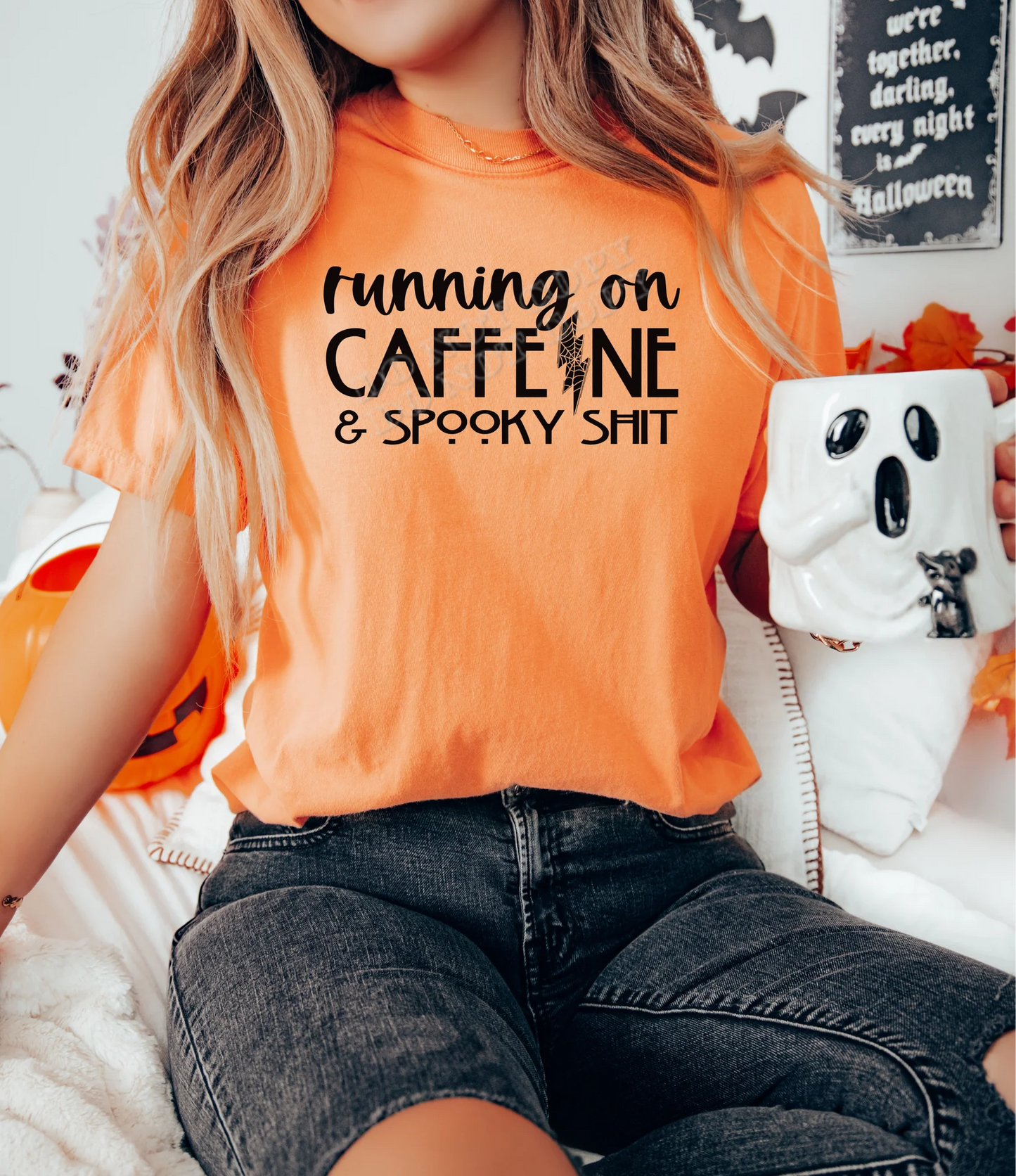 “Caffeine and Spooky Halloween T-shirt with cute coffee and pumpkin design – cozy fall graphic tee for coffee lovers and spooky season fans”