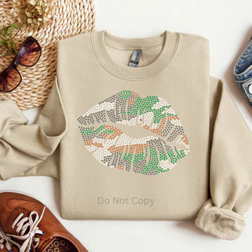 Camo lips rhinestone sweatshirt for women featuring a sparkling camouflage lip design on a neutral fleece sweatshirt by LDC Designz