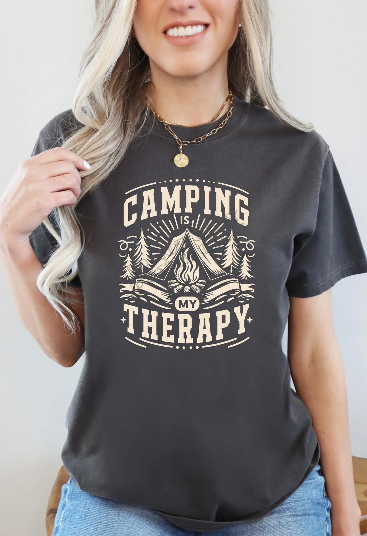 Camping is My Therapy T-Shirt – Outdoor graphic tee for campers, hikers, and nature lovers. Comfortable cotton shirt with adventure and camping design.
