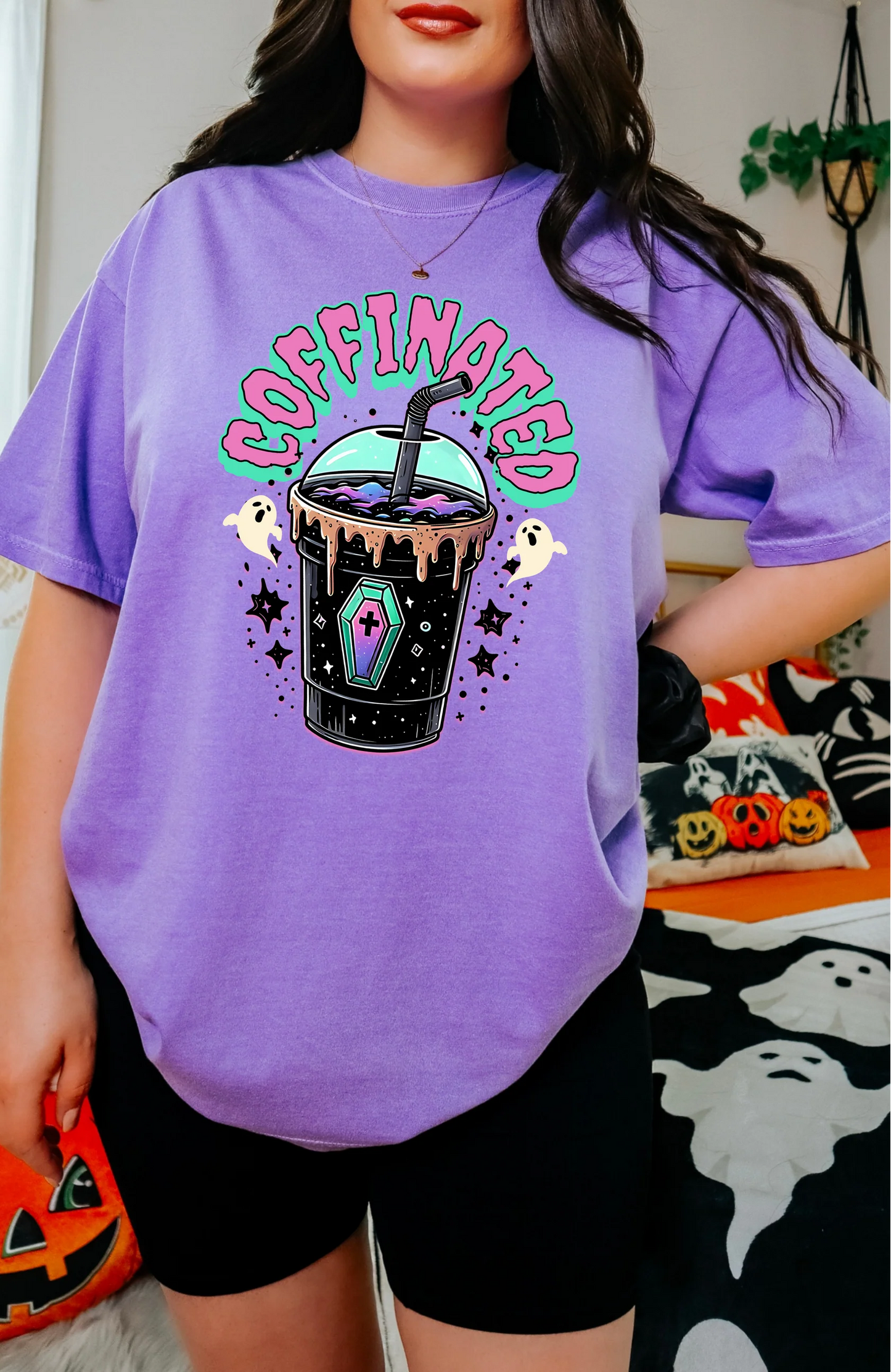 Coffinated T-Shirt from LDC Designz – spooky season graphic tee for coffee lovers, funny Halloween shirt with caffeine theme, perfect fall unisex shirt.
