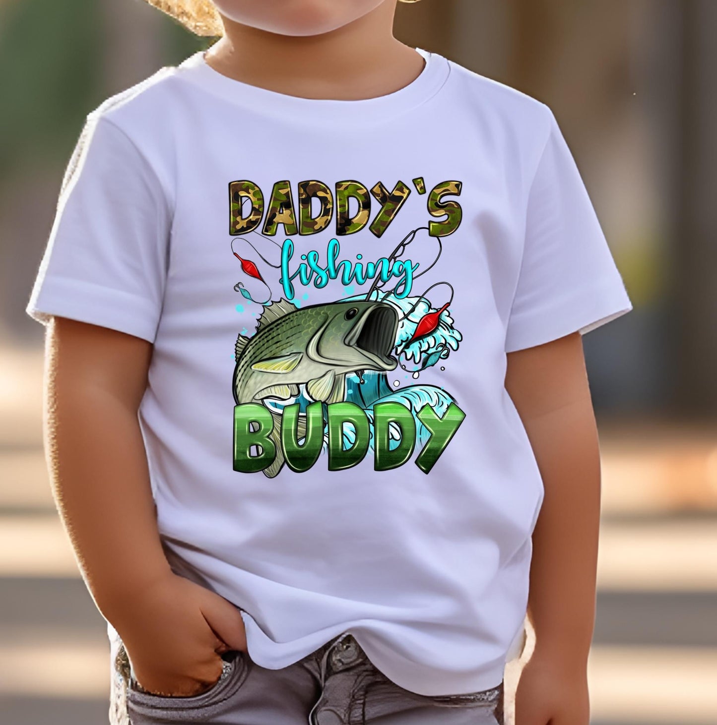 Daddy’s Fishing Buddy T-Shirt – cute kids fishing graphic tee for father and child bonding, perfect for Father’s Day gifts, family fishing trips, and outdoor adventures – toddler and youth sizes available.