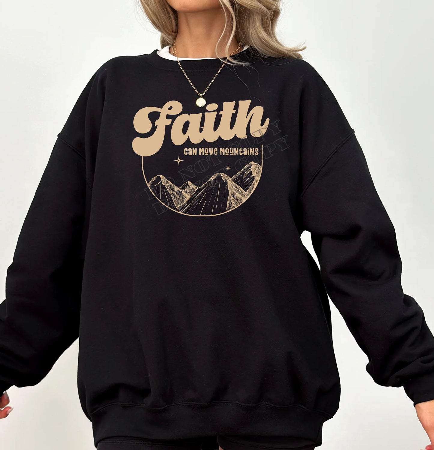 FAITH Can Move Mountains Sweatshirt – Inspirational Christian apparel with motivational Bible verse design, faith-based clothing for men and women, cozy unisex sweatshirt from LDC Designz.