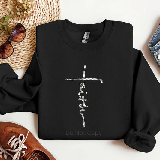 Faith in Rhinestone Sweatshirt by LDC Designz – Christian bling sweatshirt with sparkling rhinestone “Faith” design, cozy cotton-blend unisex fit, faith inspired apparel.