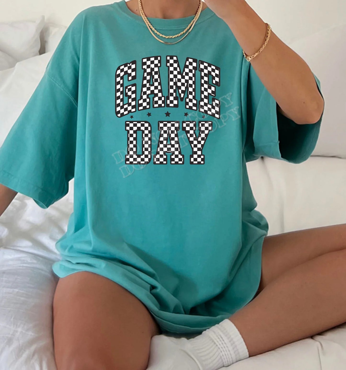 Game Day Checkered T-Shirt for football fans, trendy tailgate outfit, unisex sports graphic tee by LDC Designz.