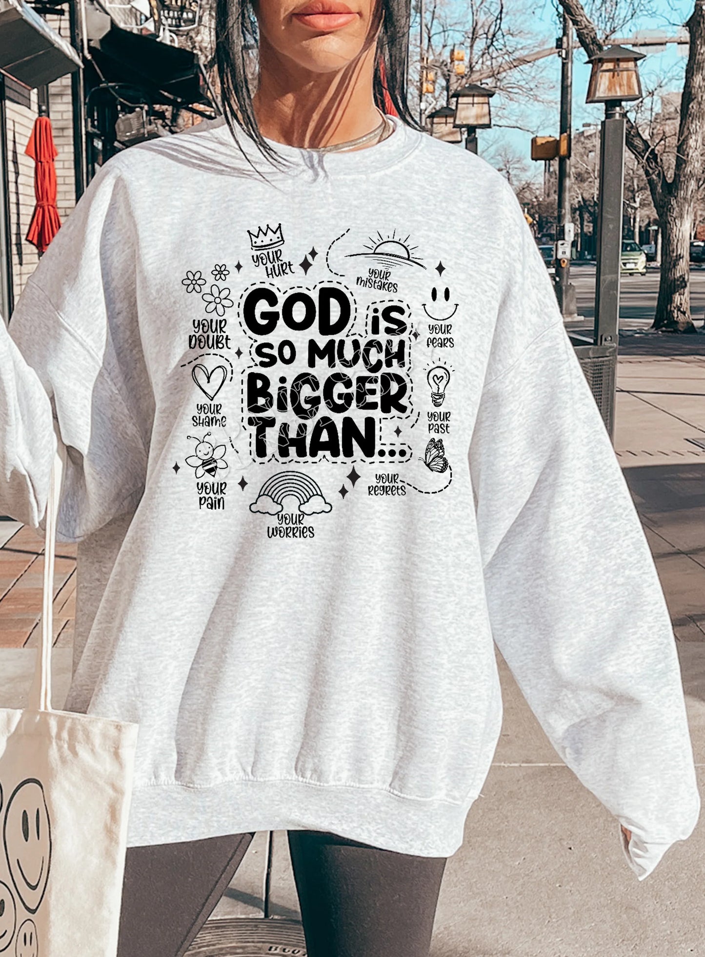 "God Is So Much Bigger Than Sweatshirt – Christian faith over fear pullover with inspirational message, cozy unisex religious apparel from LDC Designz"