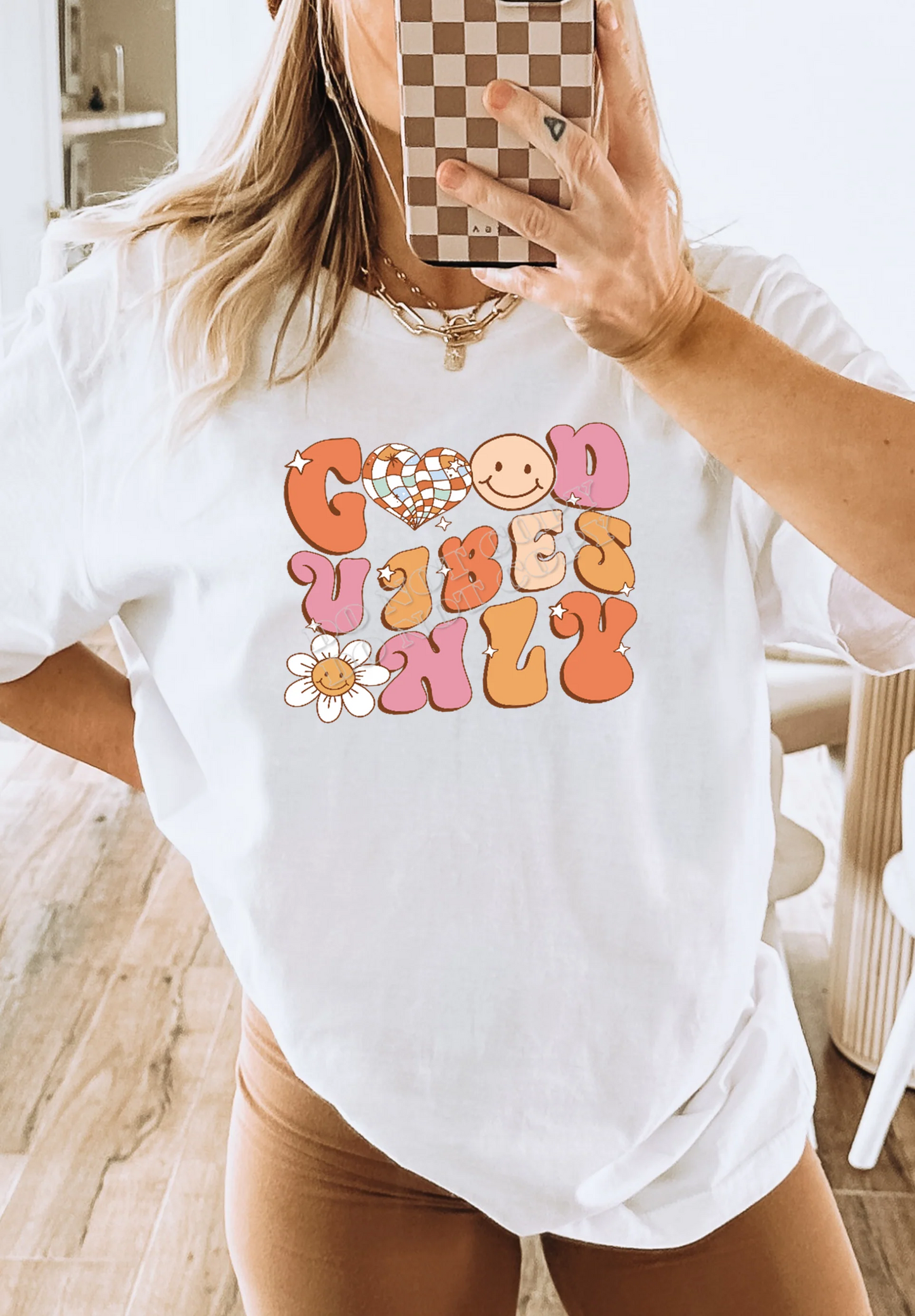 “Good Vibes Only T-Shirt – Positive vibes graphic tee from LDC Designz, inspirational unisex cotton shirt for men and women.”