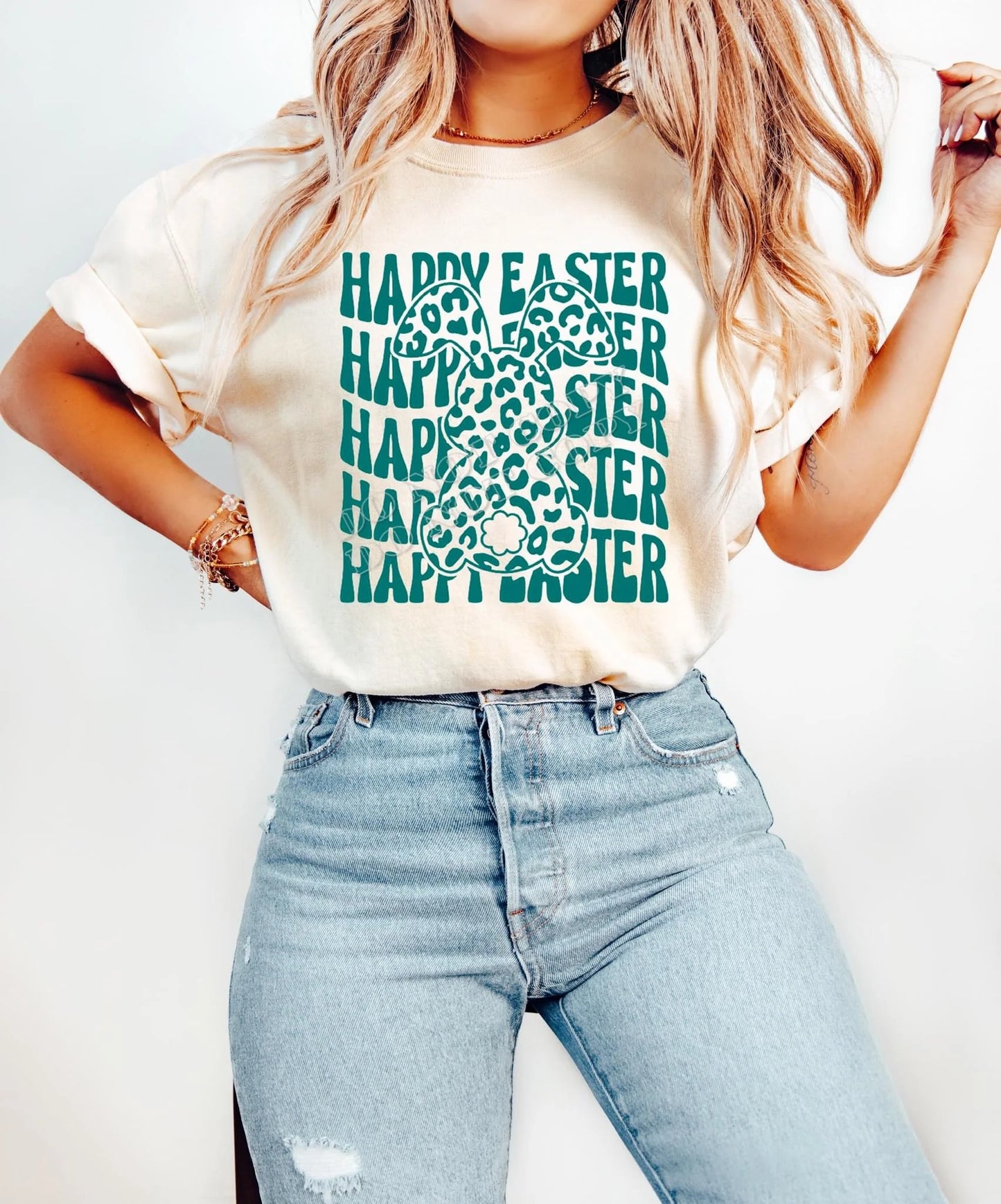 Happy Easter Leopard Bunny T-Shirt – cute Easter graphic tee with leopard print bunny ears, trendy spring holiday shirt for women, men, and kids at LDC Designz.