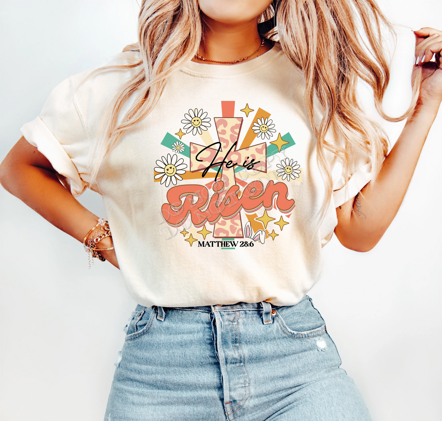 He Has Risen T-Shirt – Christian Easter graphic tee, faith-inspired religious shirt for Resurrection Sunday, church outfits, and Christian apparel by LDC Designz.