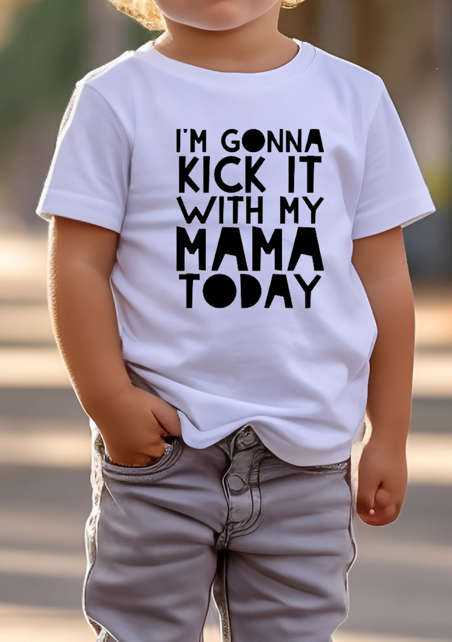 “I’m Gonna Kick It with Mama Today” kids graphic t-shirt – cute mommy-and-me cotton tee for toddlers and youth, perfect for family outings, playdates, and Mother’s Day gifts from LDC Designz.