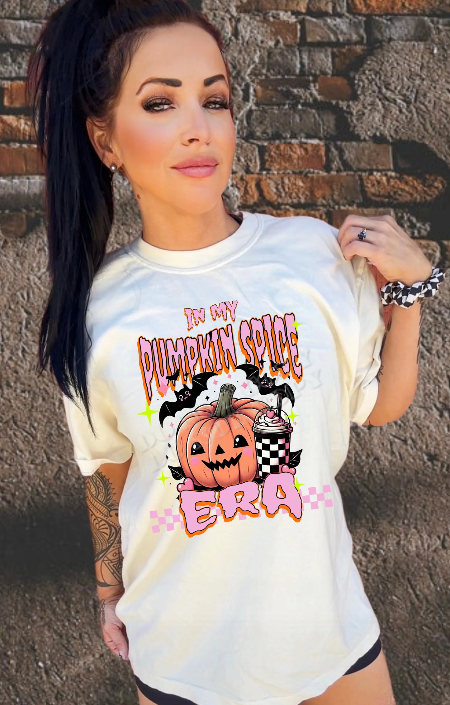 “In My Pumpkin Spice Era T-shirt – Fall graphic tee for pumpkin spice lovers, cozy autumn aesthetic shirt for women, available now at LDC Designz.”