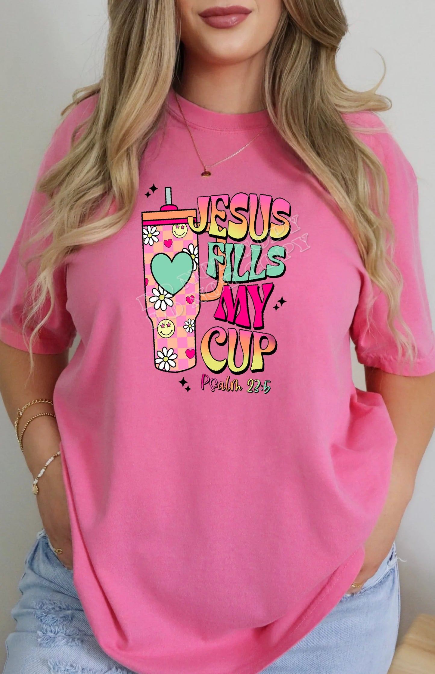Jesus Fills My Cup T-shirt featuring inspirational Christian faith design, soft comfortable fabric, ideal church apparel and spiritual gift idea.