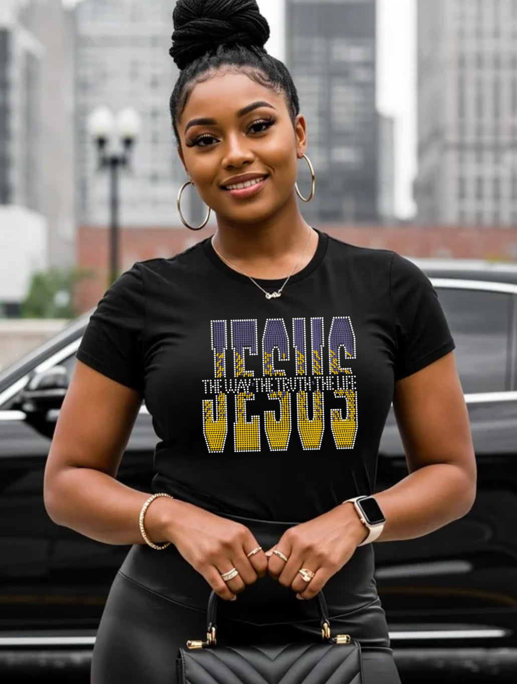 Jesus the Way the Truth the Life Rhinestone T-shirt with John 14:6 scripture in sparkling crystal stones – Christian rhinestone shirt for women, faith-based fashion, religious apparel.