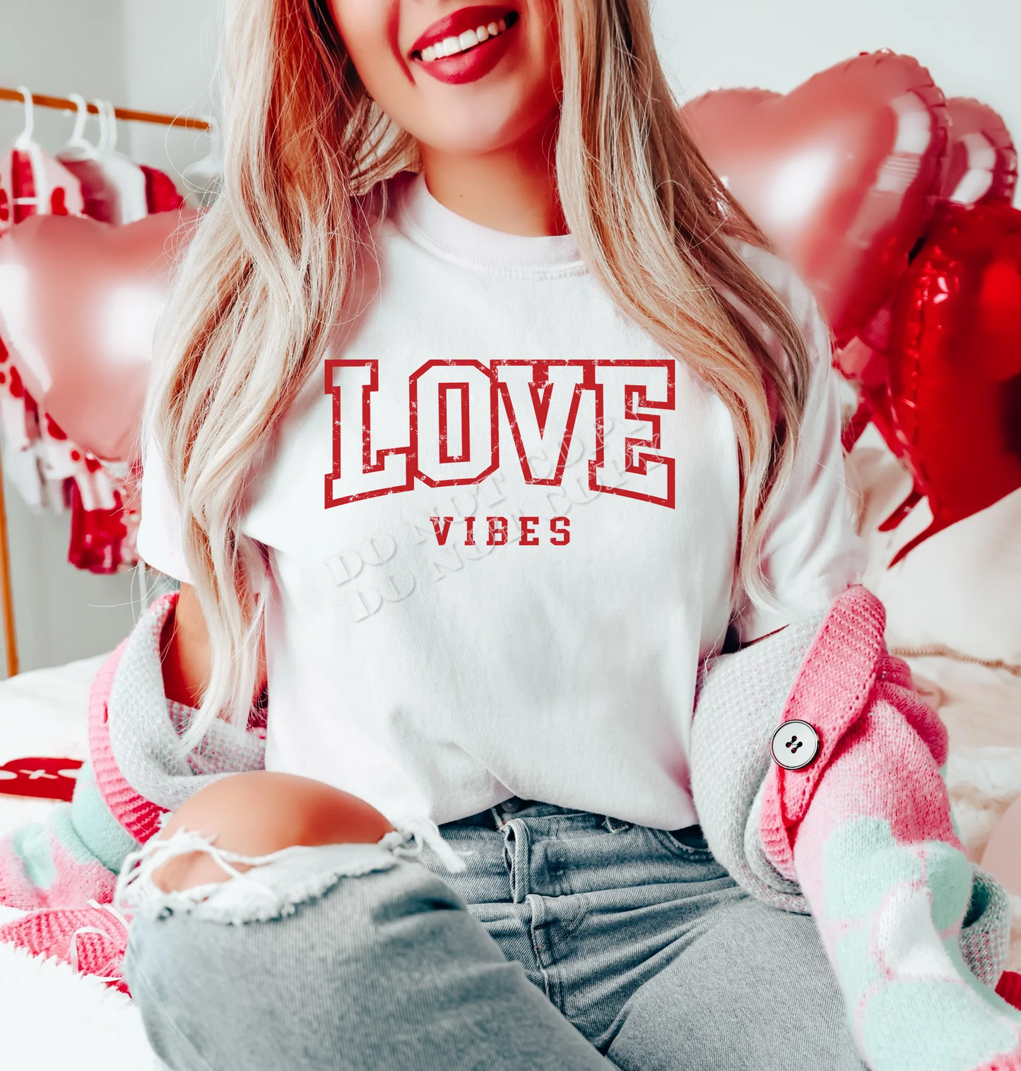 Love Vibes T-Shirt – Cute Valentine’s Day graphic tee with positive vibes design, romantic gift idea for women from LDC Designz.
