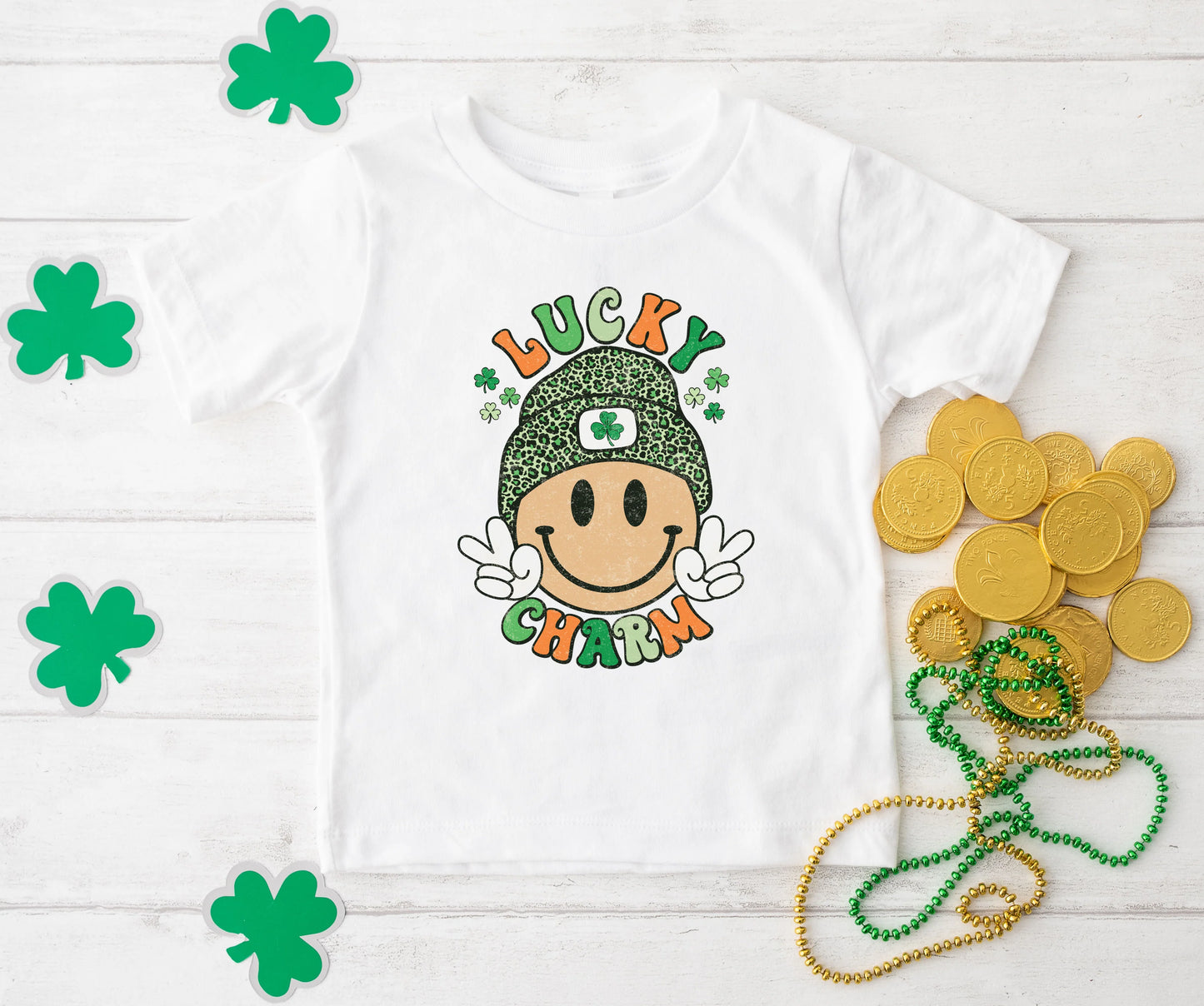 Lucky Charm youth T-shirt with green shamrock design – St. Patrick’s Day kids' graphic tee for boys and girls from LDC Designz.