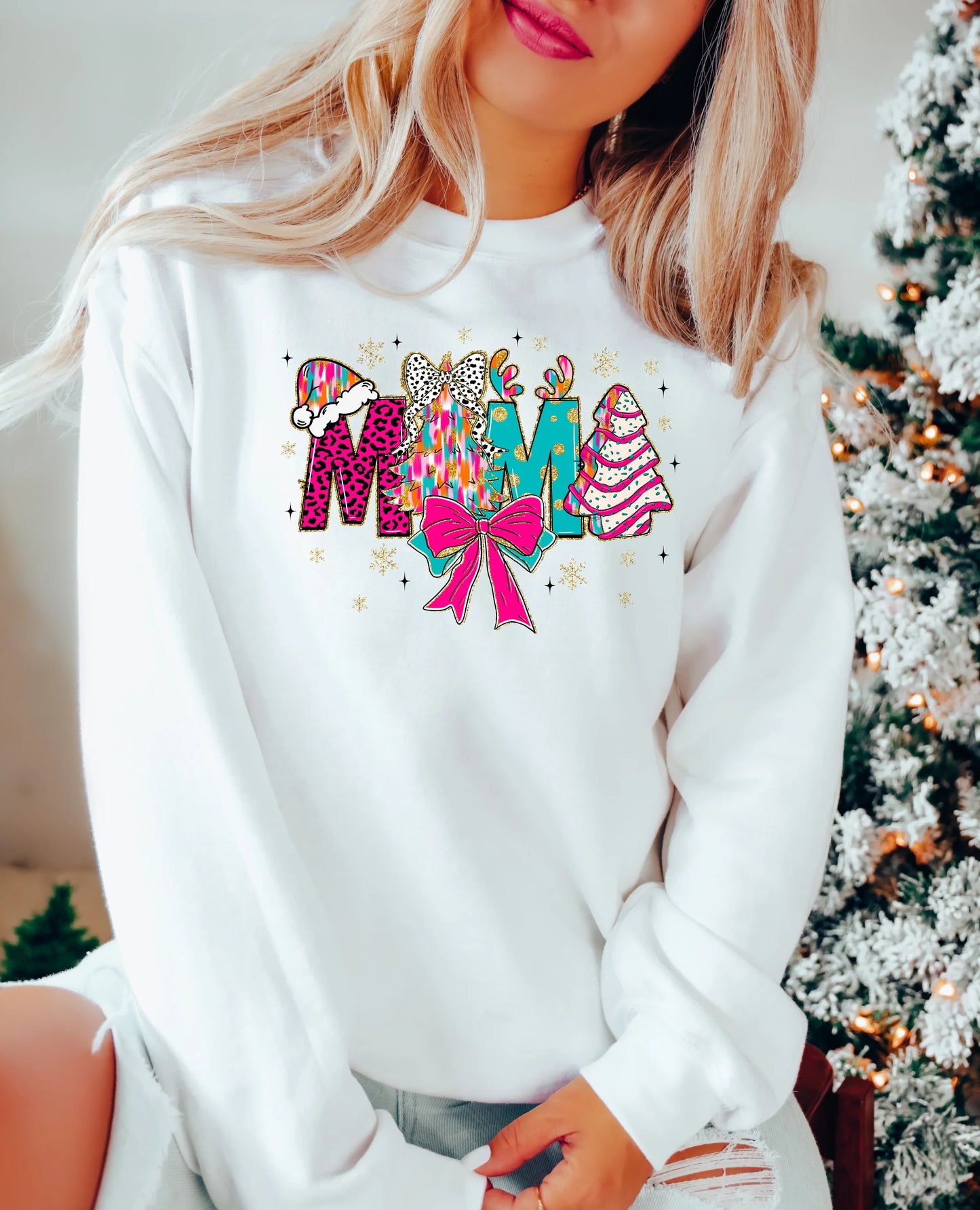Mama Christmas Bow Sweatshirt featuring festive red bow design, perfect Christmas sweatshirt for moms, cozy holiday sweater for women.