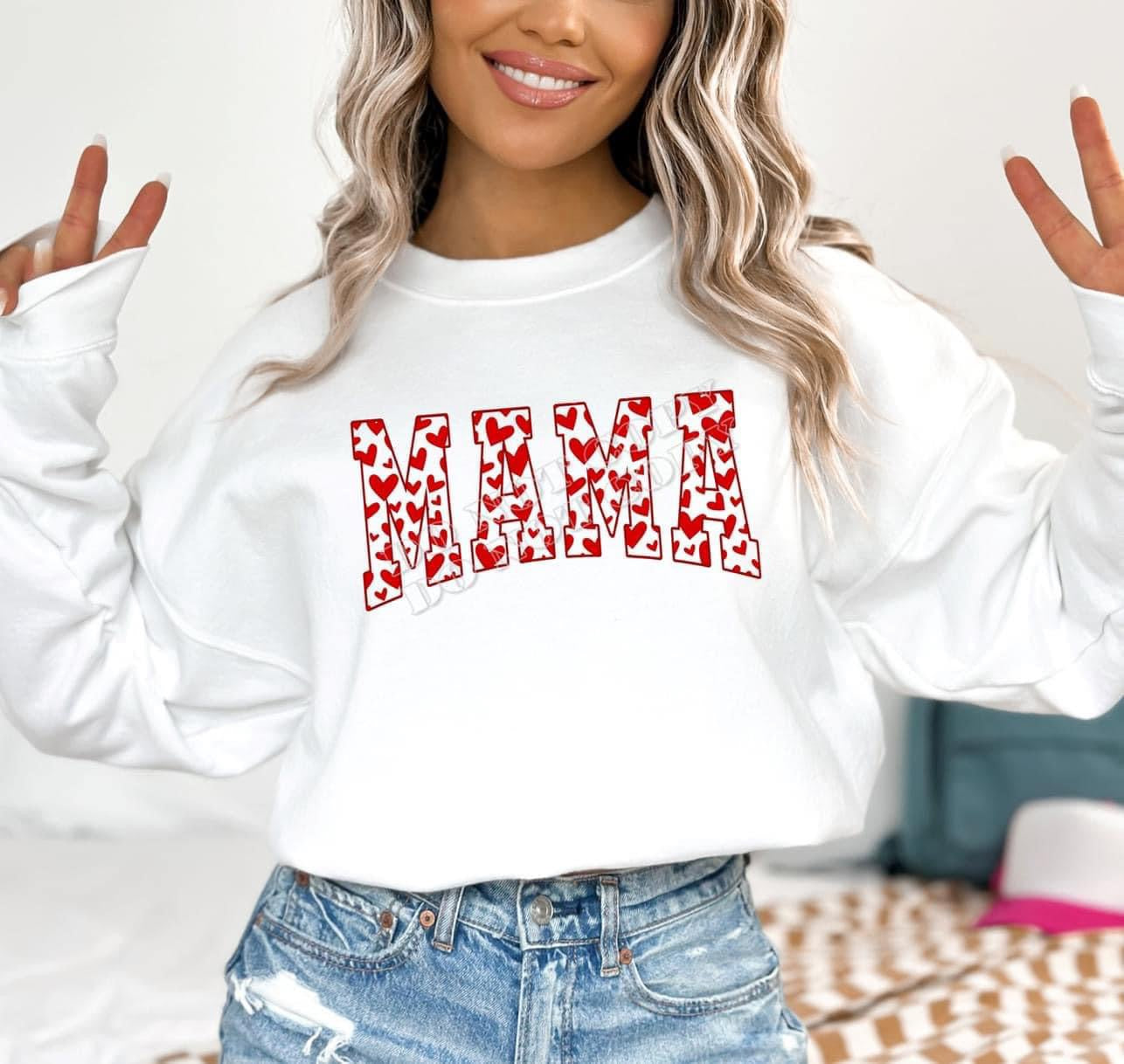 Mama Hearts ❤️ (Red) Sweatshirt – cozy cotton-blend mom sweatshirt with red heart design, perfect gift for mothers, everyday wear, or Valentine’s Day outfit from LDC Designz.