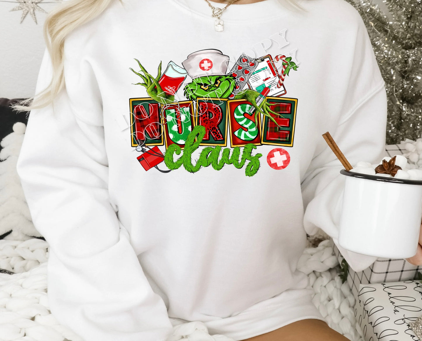 Nurse Grinch Long Sleeve T-Shirt – Funny Christmas shirt for nurses, healthcare workers, and Grinch fans, holiday graphic tee by LDC Designz.