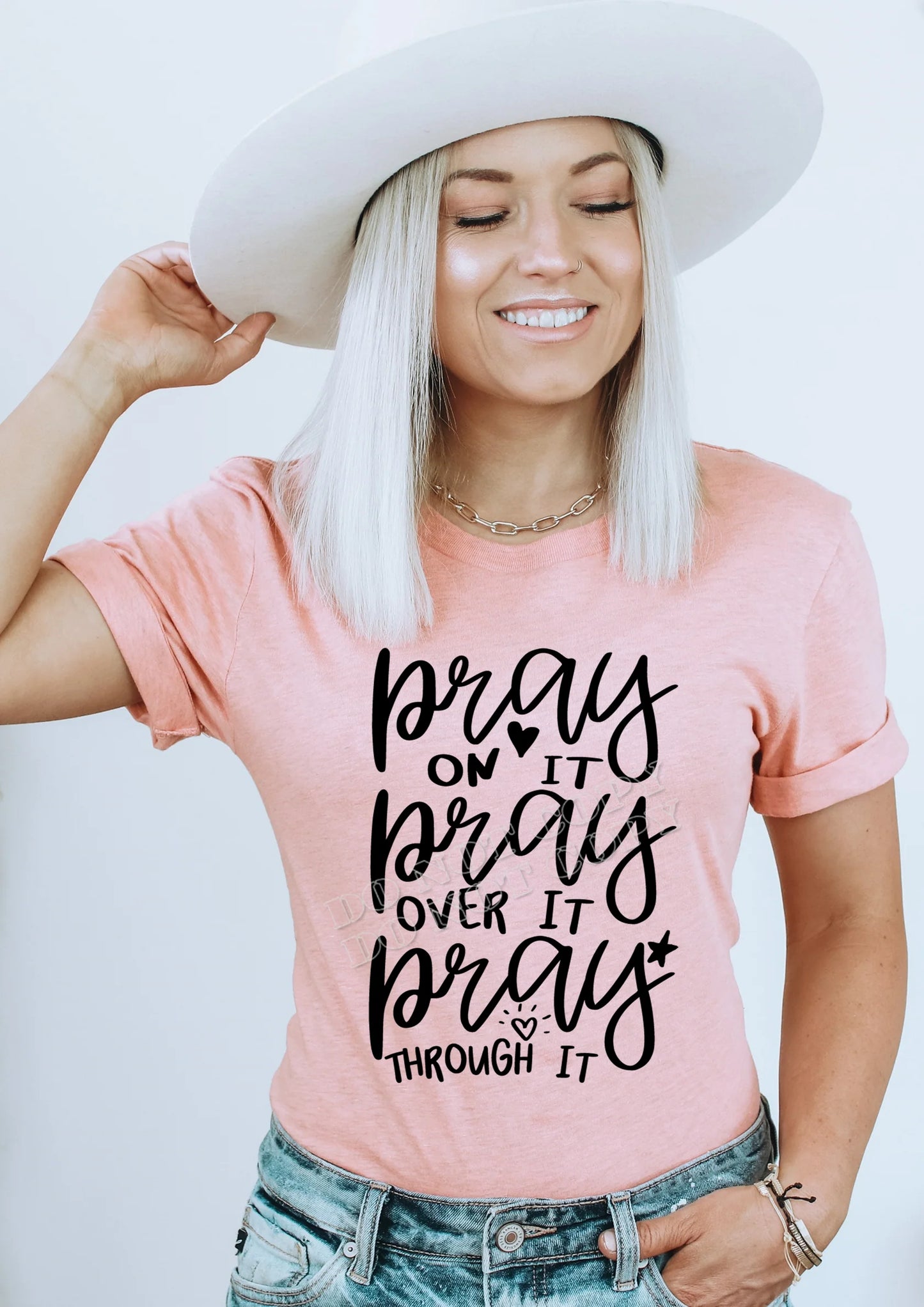 PRAY On It – PRAY Over It – PRAY Through It Christian faith t-shirt by LDC Designz, inspirational prayer graphic tee for men and women, motivational religious apparel.