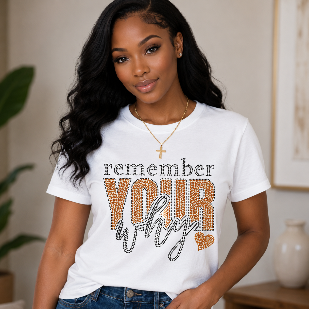 A woman wearing a white graphic t-shirt with the text 'remember YOUR why?' in black and glittery gold lettering, styled in a cozy indoor setting.