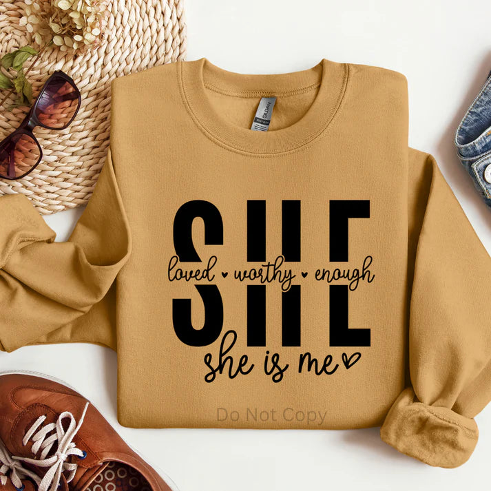 She Is Loved Worthy Enough She Is Me inspirational women’s sweatshirt with positive affirmation message, cozy graphic sweatshirt by LDC Designz.