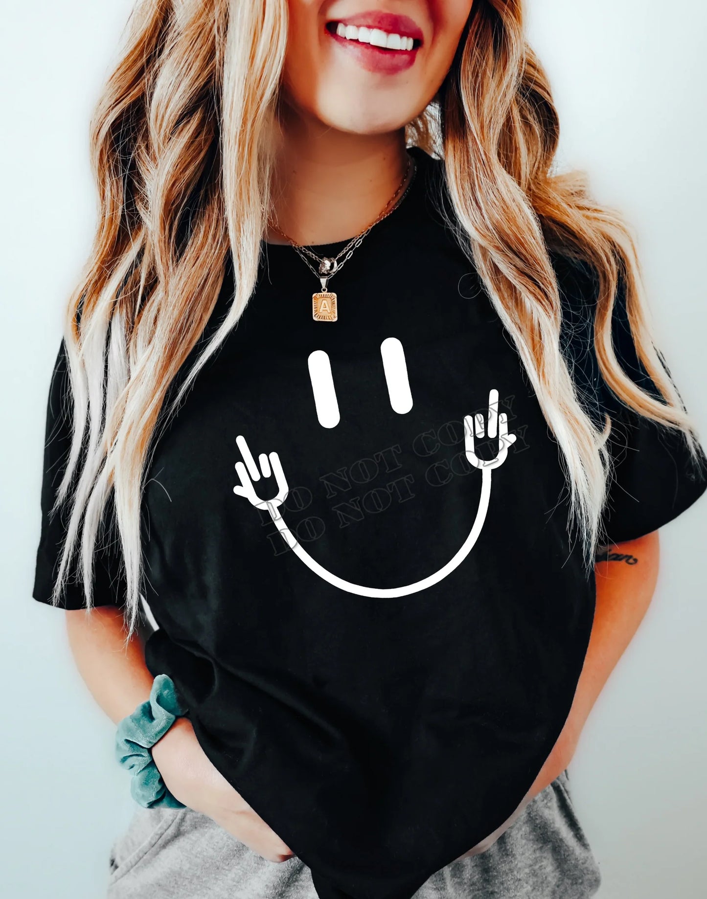 Smiley (F) Fingers T-Shirt – Funny edgy graphic tee with bold streetwear design from LDC Designz, unisex casual fashion shirt.