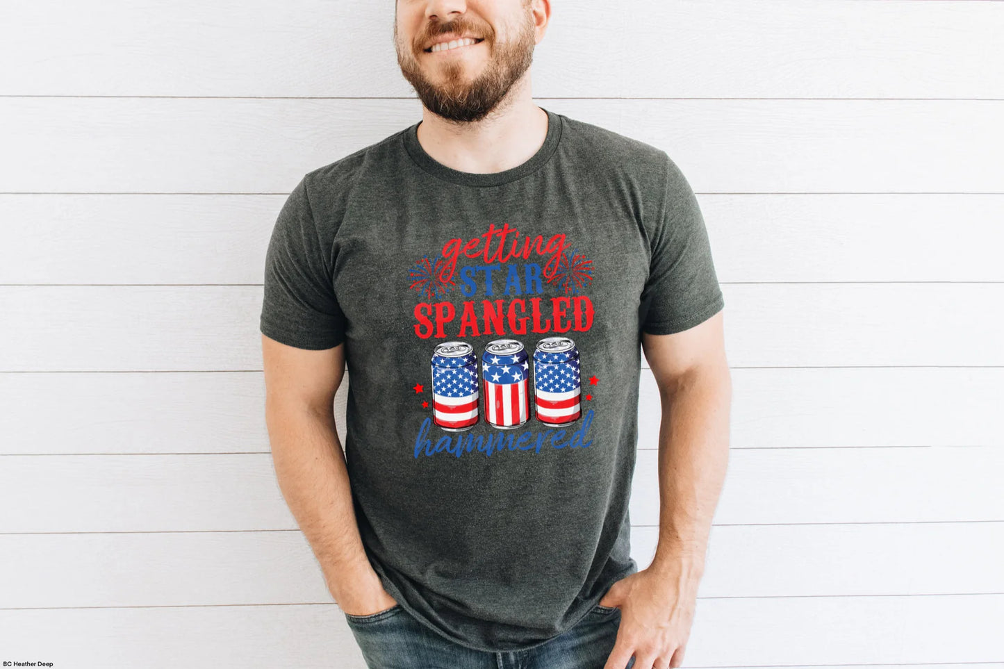 Star-Spangled Hammered T-Shirt – Funny Patriotic Graphic Tee in red, white, and blue design, perfect for 4th of July, Memorial Day, and summer BBQ celebrations.