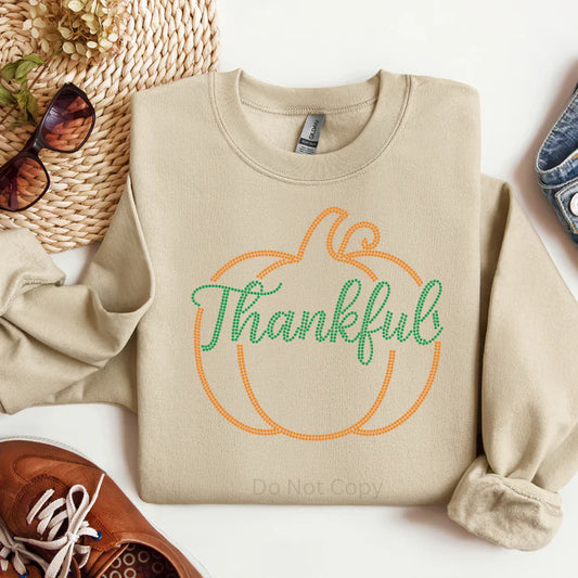Thankful Pumpkin Rhinestones Sweatshirt – Sparkling fall rhinestone pumpkin design, cozy Thanksgiving sweatshirt by LDC Designz.