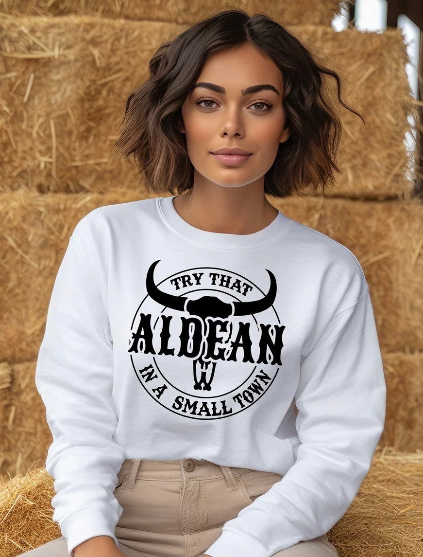 “Try This in a Small-Town country music sweatshirt with western graphic design, perfect for southern lifestyle and rustic fashion fans”