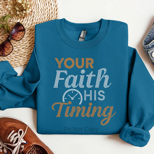 Your Faith His Timing Rhinestones Sweatshirt – Inspirational Christian rhinestone sweatshirt with sparkling faith design, perfect for women’s faith-inspired fashion from LDC Designz.