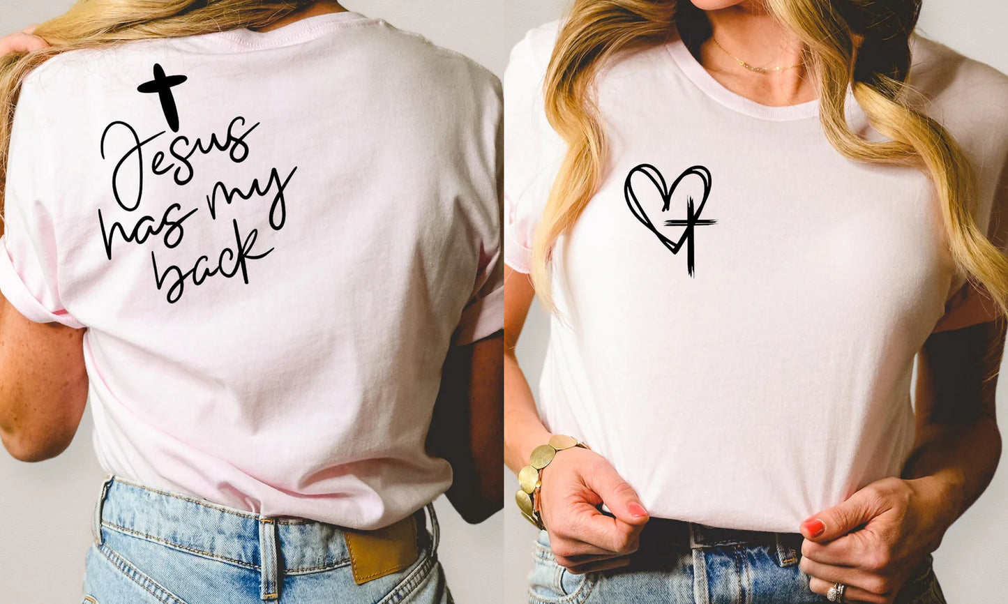 “Jesus Has My Back” Christian T-Shirt – Inspirational faith-based graphic tee with bold Christian message, soft cotton unisex fit, perfect for church, Bible study, and everyday wear.