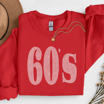 Red 60’s rhinestone sweatshirt featuring a sparkling retro number design, cozy graphic sweatshirt for milestone birthdays and vintage style fashion by LDC Designz.