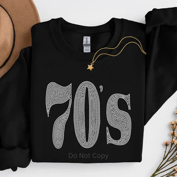 Black 70’s rhinestone sweatshirt with sparkling retro design, vintage inspired graphic sweatshirt by LDC Designz, cozy rhinestone fashion apparel.