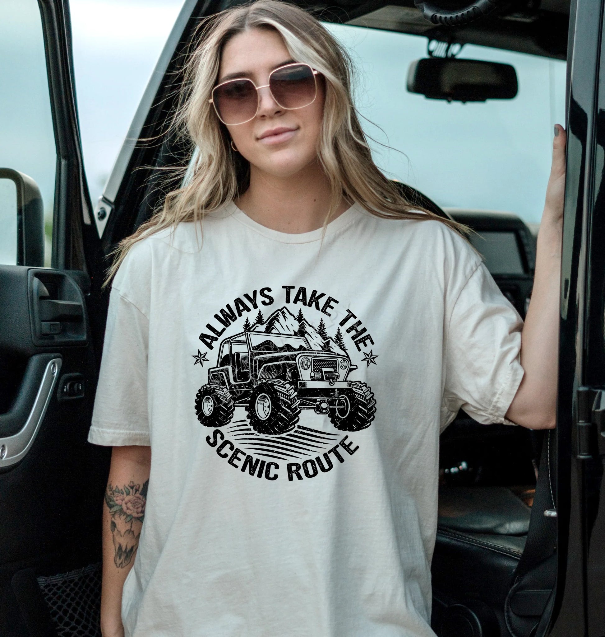 Always Take The Scenic Route T-Shirt by LDC Designz – adventure graphic tee for travel lovers, wanderlust explorers, and road trip enthusiasts.