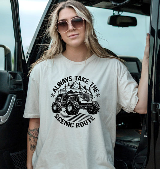 Always Take The Scenic Route T-Shirt by LDC Designz – adventure graphic tee for travel lovers, wanderlust explorers, and road trip enthusiasts.