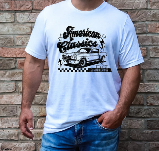 "American Classic Cars T-Shirt with vintage automobile graphic design – retro car enthusiast tee by LDC Designz"