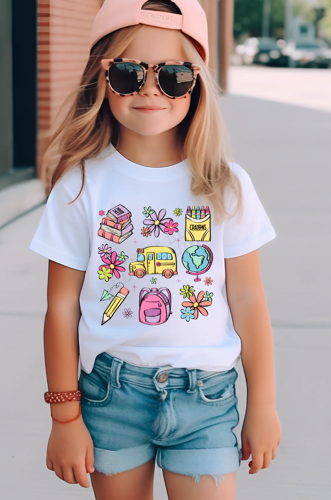 "Back to School Collage Youth Tee featuring colorful school-themed graphics — books, pencils, backpack — soft and comfortable kids t-shirt from LDC Designz, perfect for first day of school outfits"