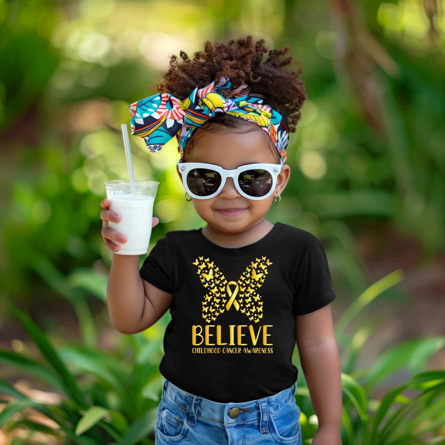 Believe Childhood Cancer Awareness black T-shirt featuring a gold butterfly design and gold awareness ribbon by LDC Designz.

For the Shopify product title, I recommend using “Believe Childhood Cancer Awareness T-Shirt” rather than “Believe Children Tree T-Shirt” because it clearly describes the design and gives search engines stronger, more relevant keywords.